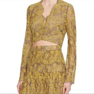 INTERMIX Yellow Black Lace V-Neck Bell Sleeve Crop Top Blouse Size P XS